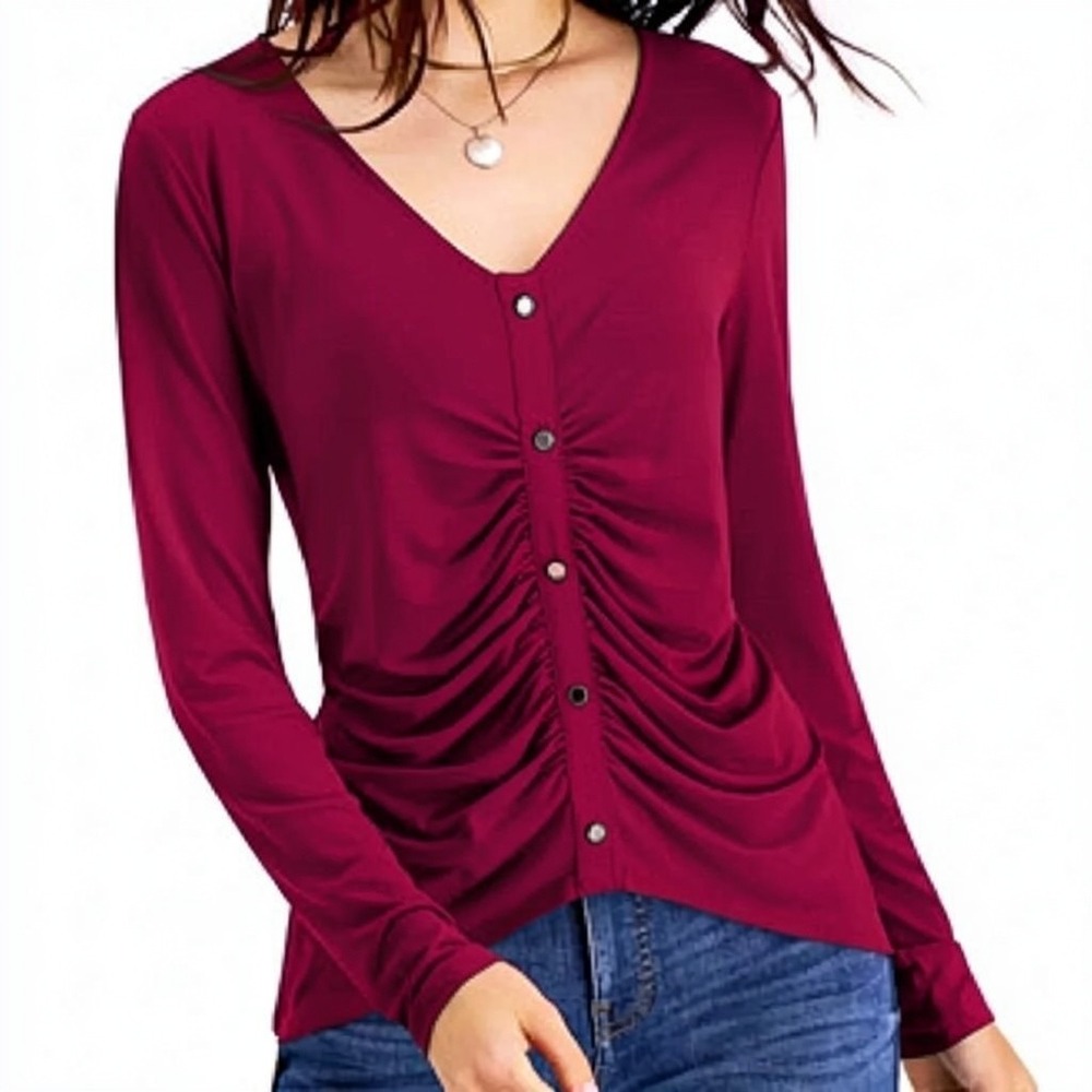 INC Womens Ruched Front W/ Small Decorative Button V Neck Blouse - M